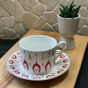 GRACE’S TEAWARE | Cup & Saucer Set | Ikat Style Red & Gold Pattern